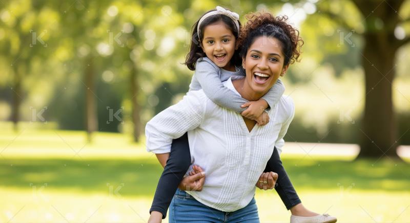 A woman is giving a piggyback ride to a young girl outdoors in a sunlit park setting.