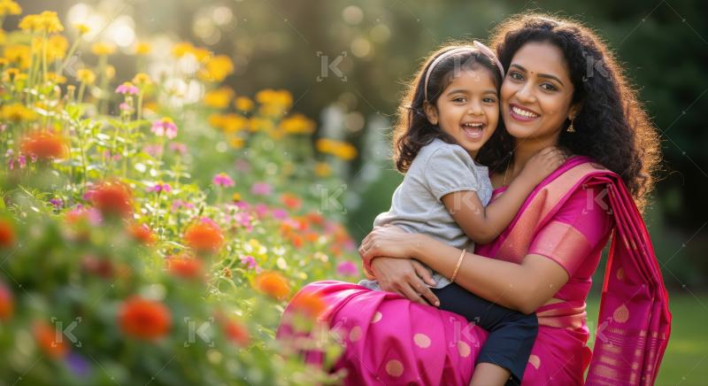 A woman in a bright pink saree lovingly embraces a young girl while sitting amidst colorful flowers in a sunlit garden.