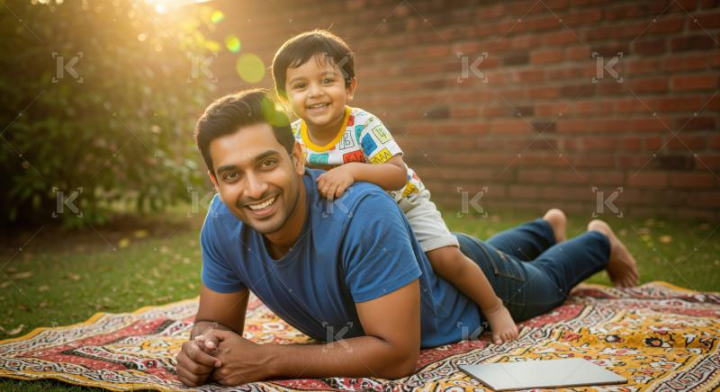 A father and son enjoy playful bonding time on a colorful rug ou