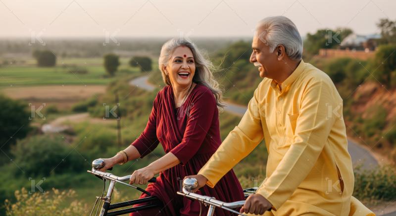 An elderly couple enjoys cycling together in a sunny park