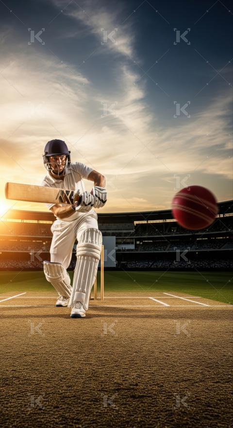 An Indian cricket player in full gear powerfully plays a shot on a sunlit stadium pitch, highlighting dynamic action and energy.