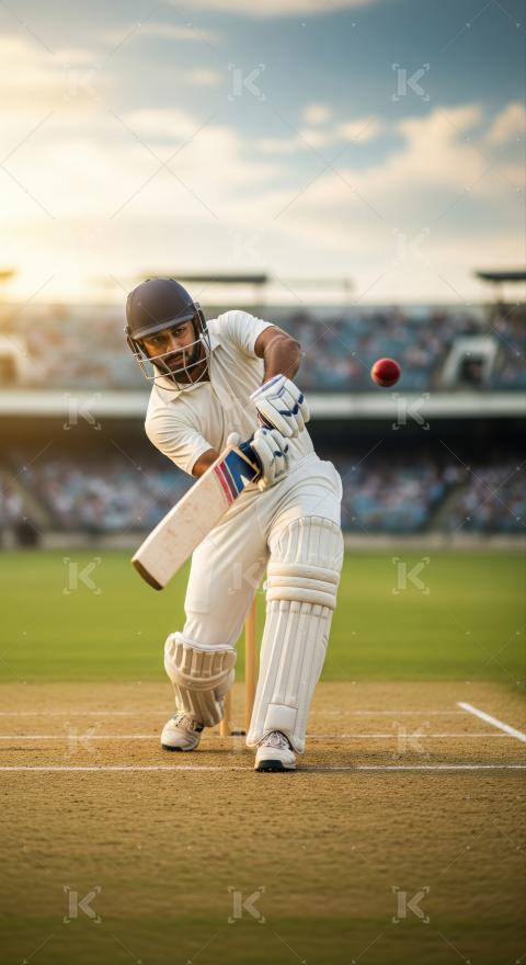 An Indian cricket player in full gear powerfully plays a shot on a sunlit stadium pitch, highlighting dynamic action and energy.