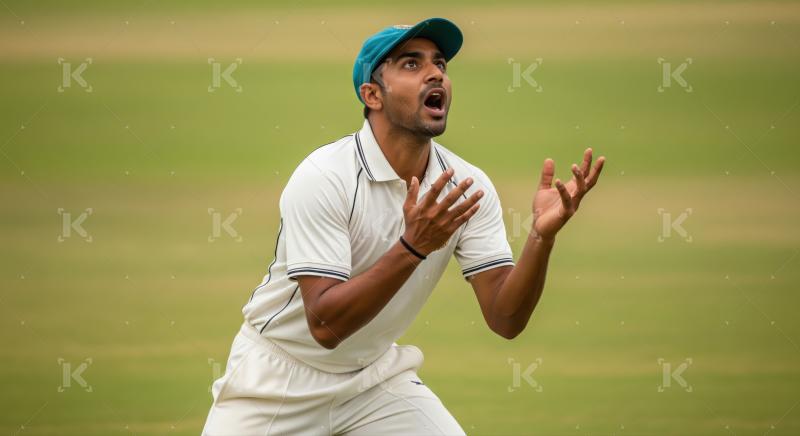 A young Indian cricket player in a white sweater and cap looks upwards for catch a ball