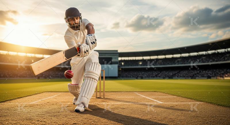 An Indian cricket player in full gear powerfully plays a shot on a sunlit stadium pitch, highlighting dynamic action and energy.