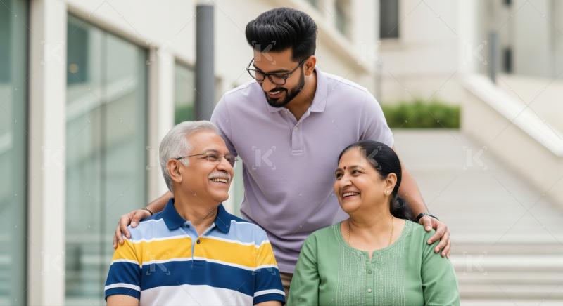 A son stands behind his elderly parents as they sit on a park bench, sharing a warm family moment