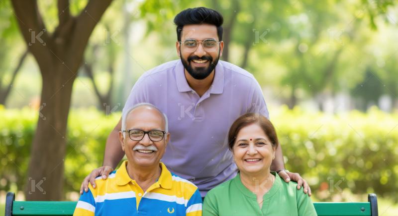 A son stands behind his elderly parents as they sit on a park bench, sharing a warm family moment