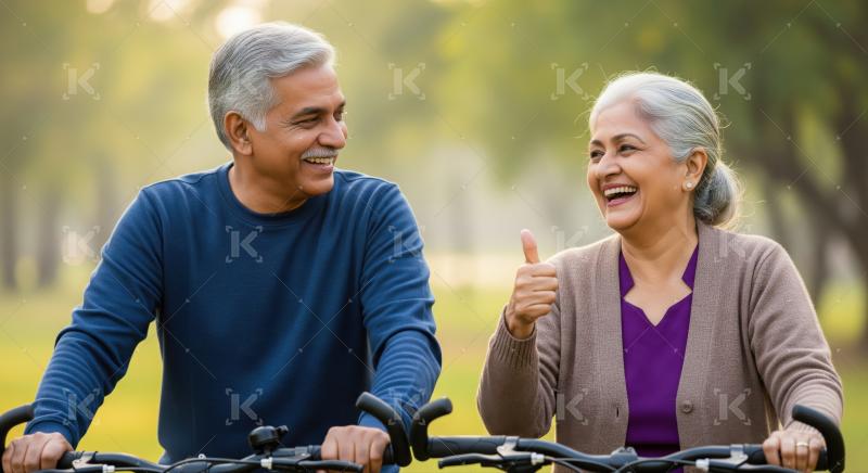 An elderly couple enjoys cycling together in a sunny park, with the woman giving a cheerful thumbs-up