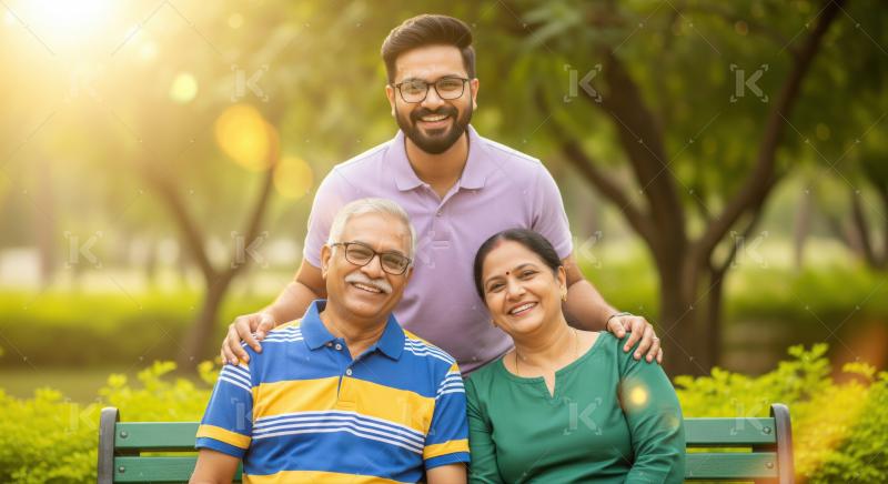 A son stands behind his elderly parents as they sit on a park bench, sharing a warm family moment