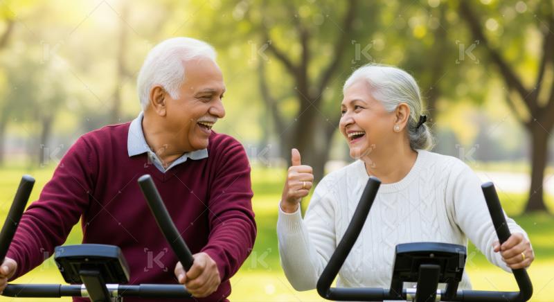 An elderly couple enjoys cycling together in a sunny park, with the woman giving a cheerful thumbs-up