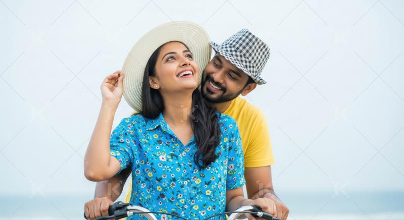 A romantic couple enjoys a playful bicycle ride by the beach