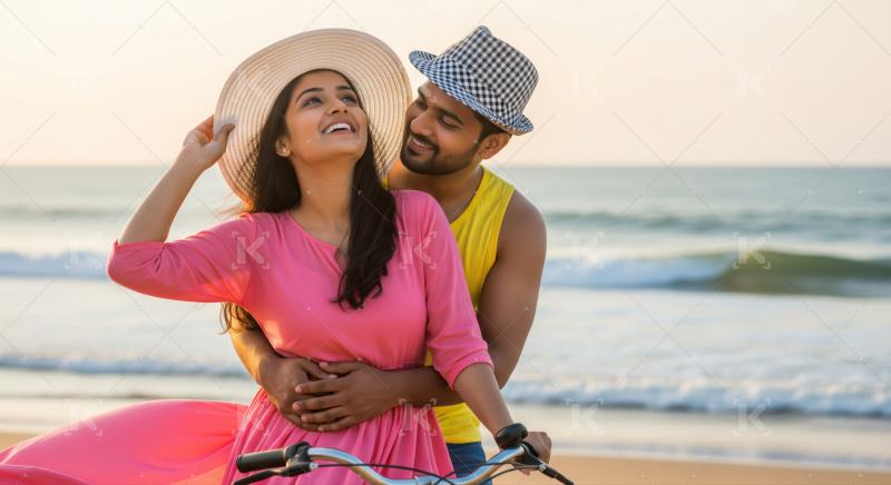 A romantic couple enjoys a playful bicycle ride by the beach
