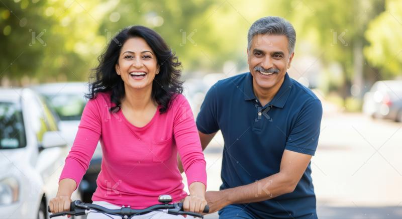 An older couple enjoys cycling together in a sunlit park, with the man supporting the woman as she rides