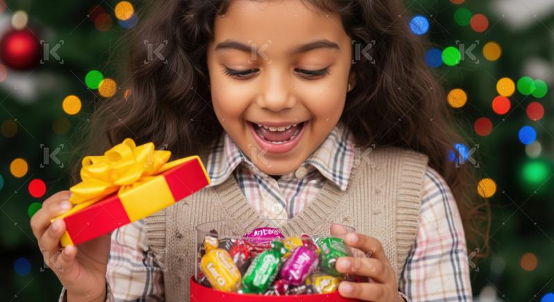 A joyful girl excitedly opens a festive gift box filled with colorful candies during a christmas celebration