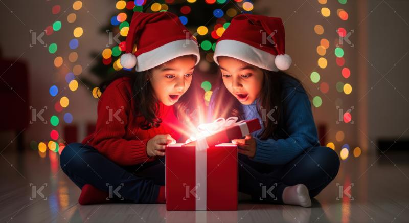 Two children in Santa hats excitedly open a glowing Christmas present together in front of a festive tree with colorful lights.