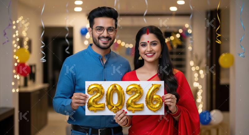 A couple dressed for festivities holds a "2026" balloon sign together, celebrating the New Year amid decorations and colorful lights.