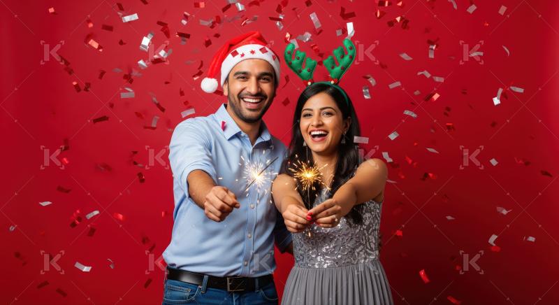 Happy indian couple celebrating christmas