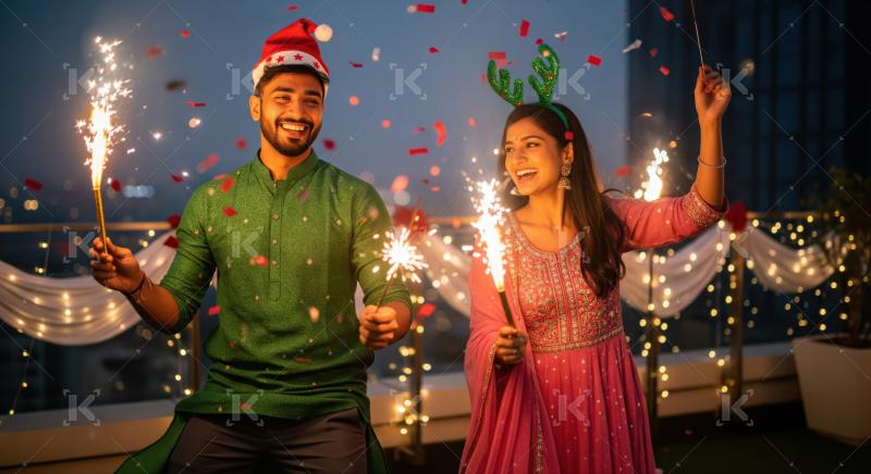 Happy indian couple celebrating christmas