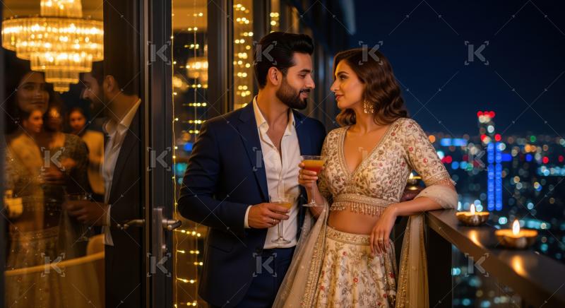 A couple in traditional Indian attire dances together under festive lights, celebrating with joy and elegance at a colorful party.