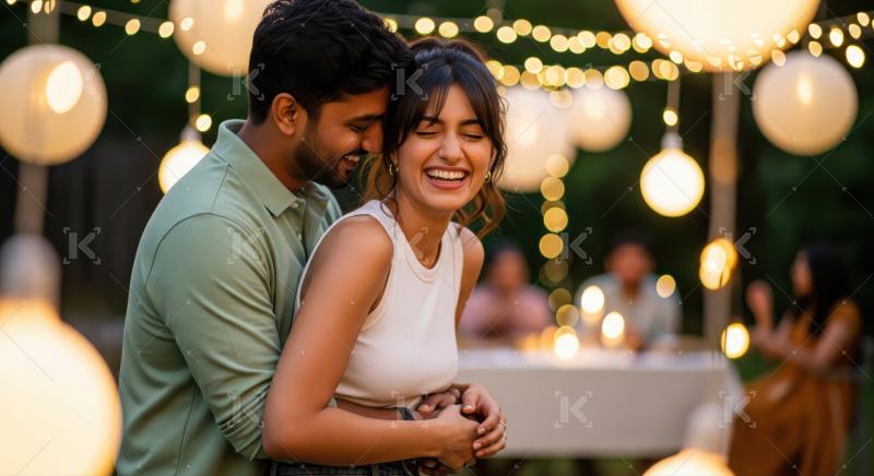 A young Indian couple lovingly embraces and smiles at each other during a romantic evening event