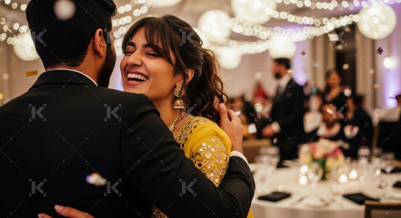 A young Indian couple lovingly embraces and smiles at each other during a romantic evening event