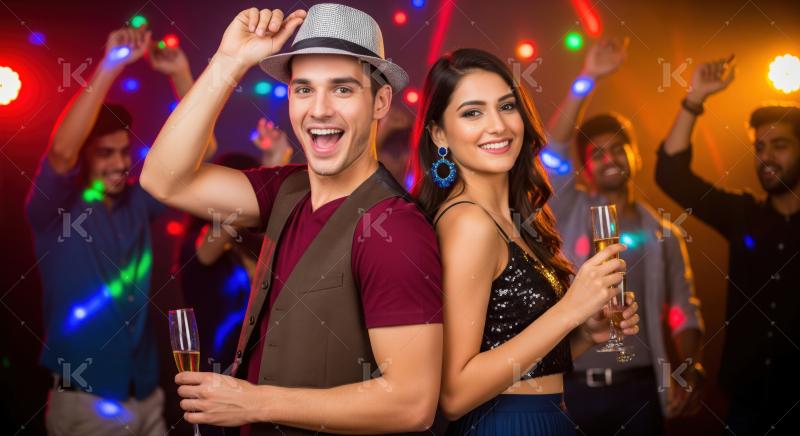 A stylish young couple enjoys a lively party with champagne and dancing, surrounded by friends