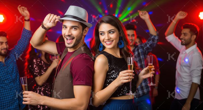 A stylish young couple enjoys a lively party with champagne and dancing, surrounded by friends
