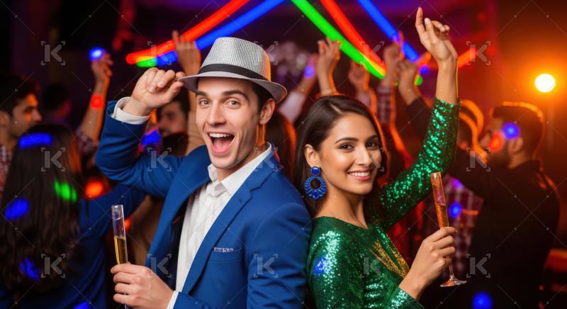 A stylish young couple enjoys a lively party with champagne and dancing, surrounded by friends