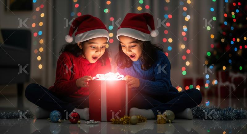 Two children in Santa hats excitedly open a glowing Christmas present together in front of a festive tree with colorful lights.
