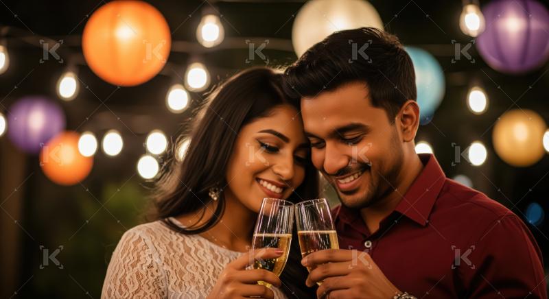 A stylish young couple enjoys a lively party with champagne and dancing, surrounded by friends