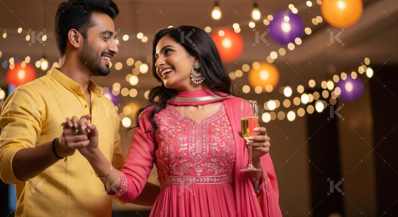 A couple in traditional Indian attire dances together under festive lights, celebrating with joy and elegance at a colorful party.