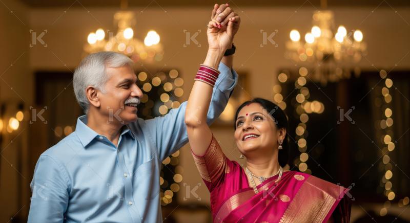 An elderly Indian couple, dressed in traditional attire, joyfully dance together