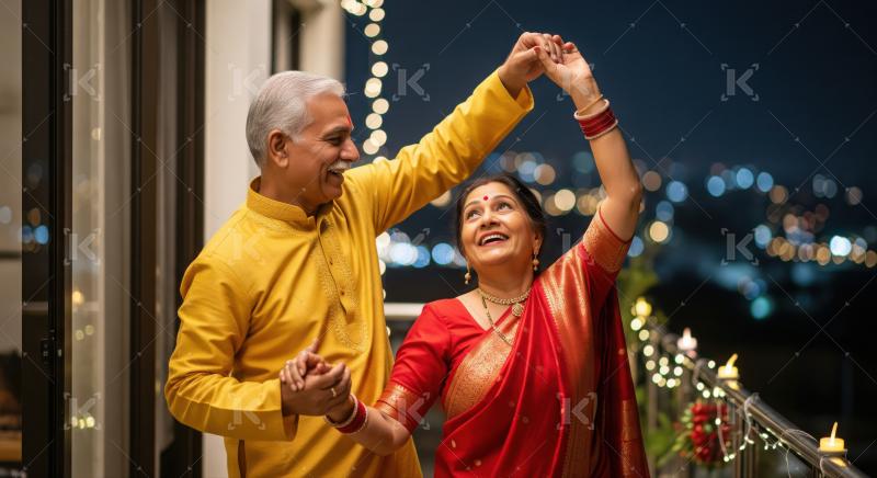 An elderly Indian couple, dressed in traditional attire, joyfully dance together