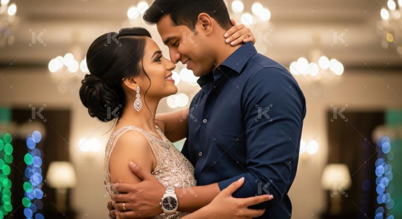 A young Indian couple lovingly embraces and smiles at each other during a romantic evening event