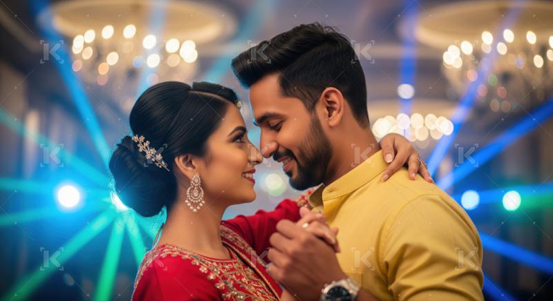 A young Indian couple lovingly embraces and smiles at each other during a romantic evening event