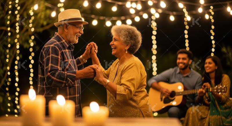 An elderly Indian couple, dressed in traditional attire, joyfully dance together