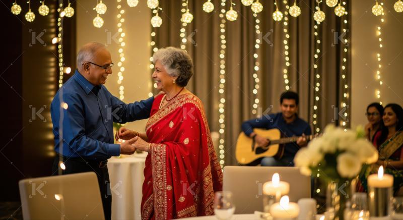 An elderly Indian couple, dressed in traditional attire, joyfully dance together