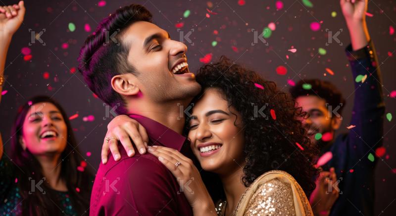 A young Indian couple lovingly embraces and smiles at each other during a romantic evening event