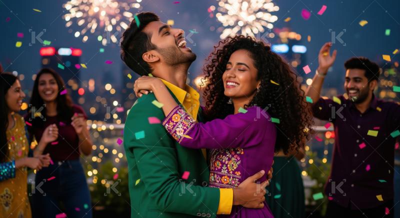 A young Indian couple lovingly embraces and smiles at each other during a romantic evening event