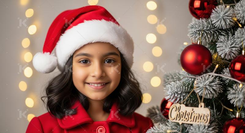 Girl in a Santa hat joyfully decorates a Christmas tree with colorful ornaments and bright lights during the festive season.
