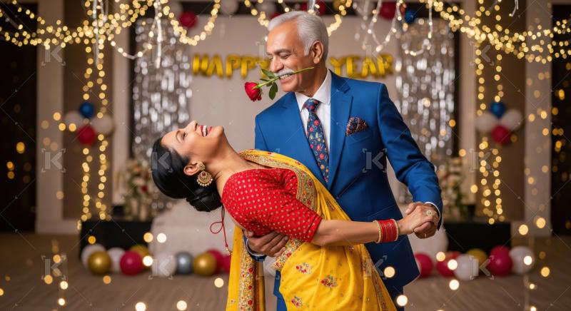 An elderly couple dressed elegantly dances together under sparkling lights, sharing a romantic New Year celebration.