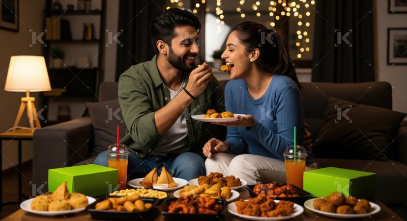 A couple enjoys an intimate evening at home, sharing delicious snacks and drinks in a cozy, festive setting