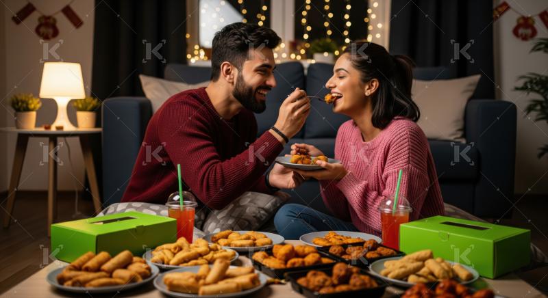 A couple enjoys an intimate evening at home, sharing delicious snacks and drinks in a cozy, festive setting