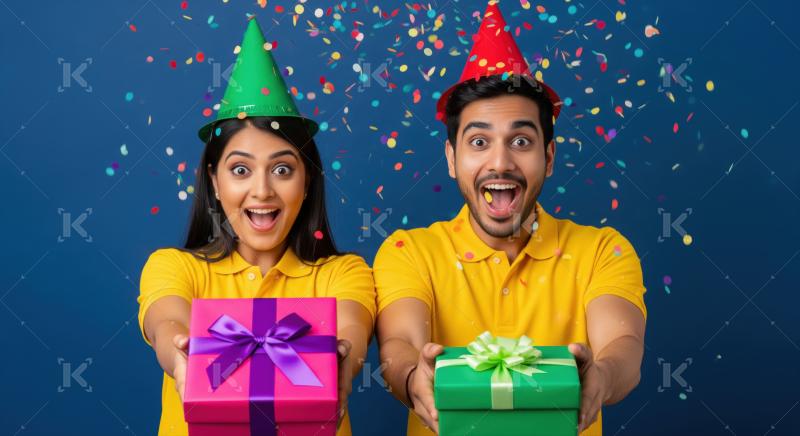 A couple in colorful party outfits stands together holding gift boxes and celebrating amidst confetti at a festive indoor event.