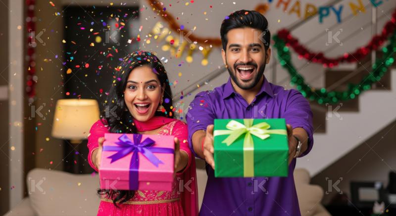 A couple in colorful party outfits stands together holding gift boxes and celebrating amidst confetti at a festive indoor event.