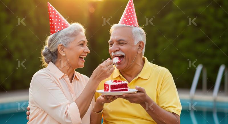 An elderly couple in red party hats and festive attire share cake and champagne while celebrating a special occasion together.