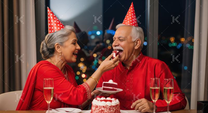 An elderly couple in red party hats and festive attire share cake and champagne while celebrating a special occasion together.