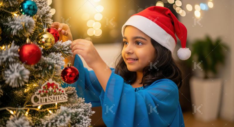 Girl in a Santa hat joyfully decorates a Christmas tree with colorful ornaments and bright lights during the festive season.