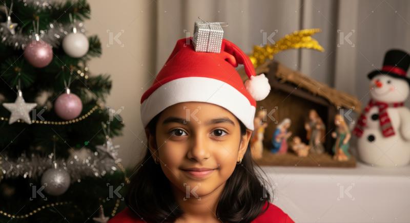 Girl in a Santa hat joyfully decorates a Christmas tree with colorful ornaments and bright lights during the festive season.