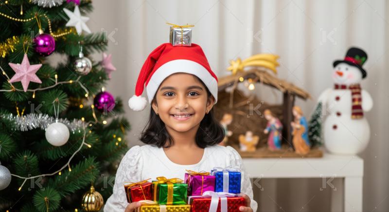 A joyful girl excitedly opens a festive gift box filled with colorful candies during a christmas celebration