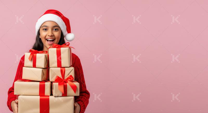 A smiling Indian girl in a Santa hat holds a stack of Christmas presents wrapped with red ribbons